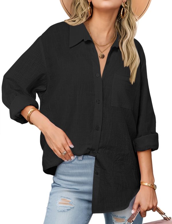 Womens Button Down Shirts Long Sleeve Cotton Gauze Tops Casual Collared Blouses Loose Fit