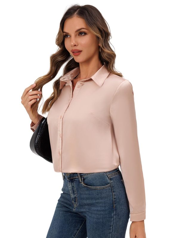 71iHtLwgRxL.jpg Women's Satin Button Down Shirt, Long Sleeves Silk Dress Shirt, Relaxed Fit Business Casual Silk Top for Work