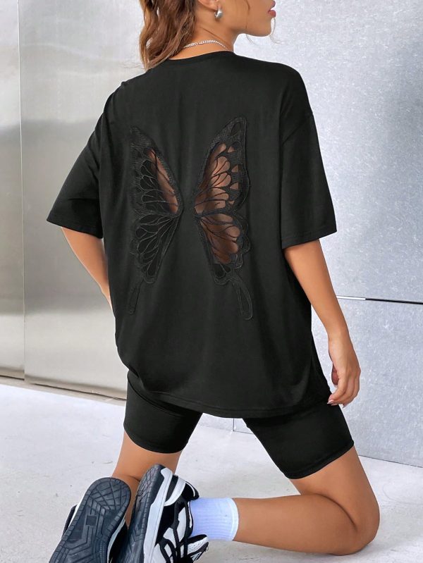 71iIfxa1flL.jpg Women's Oversized Butterfly Back Cut Out Tee Tops Y2k Half Sleeve Crew Neck T Shirt