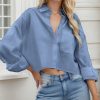 Women Cropped Button Down Shirts Long Sleeve Blouses Casual Work Crop Tops with Chest Pocket