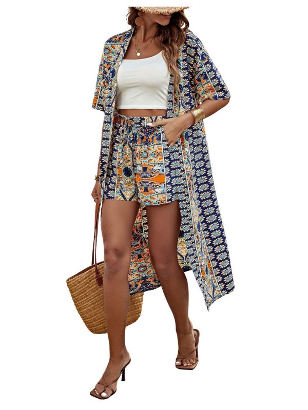 Women's 2 Piece Outfits Summer Half Sleeve Tropical Kimono Top and Shorts Set