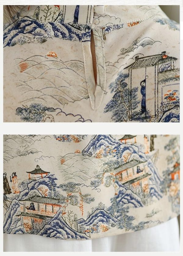 Womens Exquisite Printed Chiffon Chinese Tops Retro Ethnic Style Half Sleeve Loose Shirts Traditional Hanfu Blouse