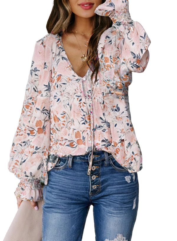 71kZYQpFS9L.jpg Women's Casual Boho Floral Print V Neck Long Sleeve Drawstring Tops Loose Blouses Button Down Shirts