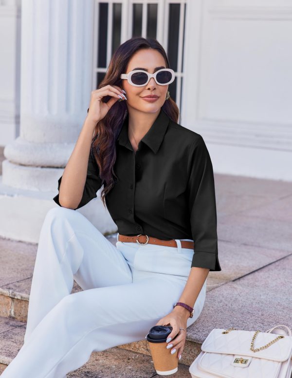 Women Button Down Shirts 3/4 Sleeve Basic Business Dress Shirt Slim Fitted Classic V Neck Button Up Work Blouse Tops