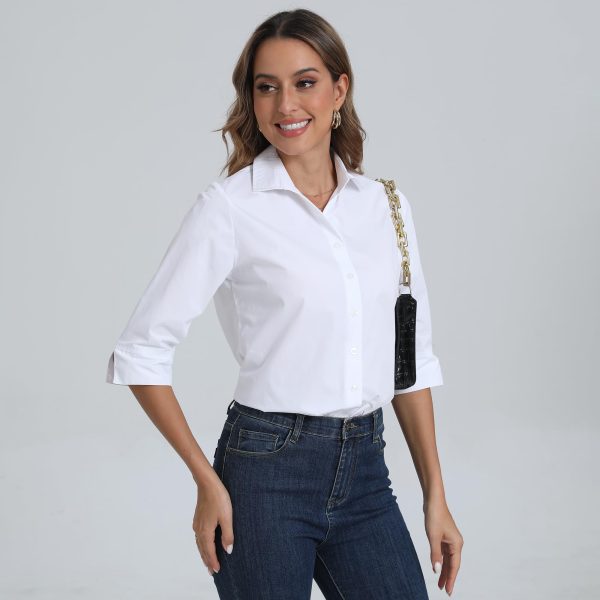 71mT0-i3sQL.jpg Women's Button Down Shirt Tailored 3/4 Sleeve Slim Fit Non Iron Wrinkle Free Basic Formal Work Blouses