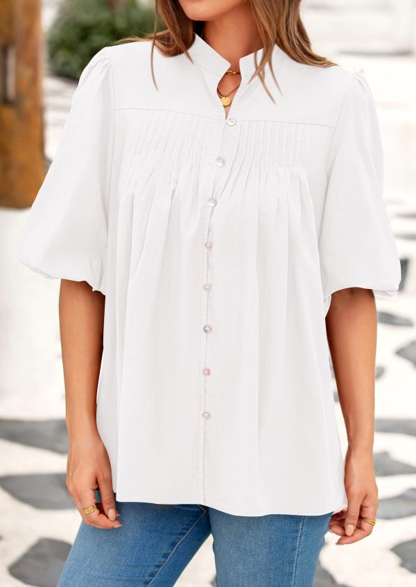 71nHEkxuEuL.jpg Women's 2025 Summer Short Lantern Sleeve Tops Loose Fit Button Down Shirt Casual Pleated V Neck Blouses
