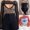 71pXWAVF3sL.jpg Women Mesh Crochet Crop Top Long Sleeve Hollow Out Cropped Knit Sweater Bikini Beach See Through Cover Ups