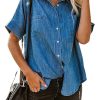 Women's Button Down Denim Shirt Casual Loose Short Sleeve Jean Shirts Tops with Pockets