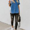 Women's Button Down Denim Shirt Casual Loose Short Sleeve Jean Shirts Tops with Pockets