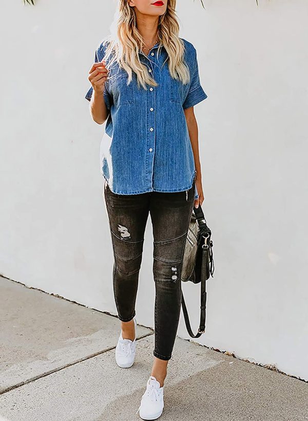 Women's Button Down Denim Shirt Casual Loose Short Sleeve Jean Shirts Tops with Pockets