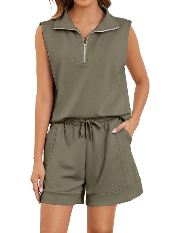 Women Two Piece Outfits Half Zip Lapel Collar Sleeveless Sweatshirt High Waist Sweat Shorts Lounge Sets Tracksuits