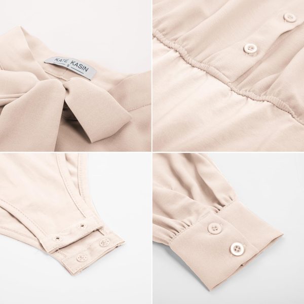 Women Bow Tie Neck Office Blouse Button Down Long Sleeve Bodysuits Blouse Top