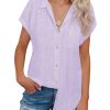 Linen Shirts for Women Button Down Shirts Short Sleeve Cotton Collared V Neck Solid Casual Blouses with Pocket
