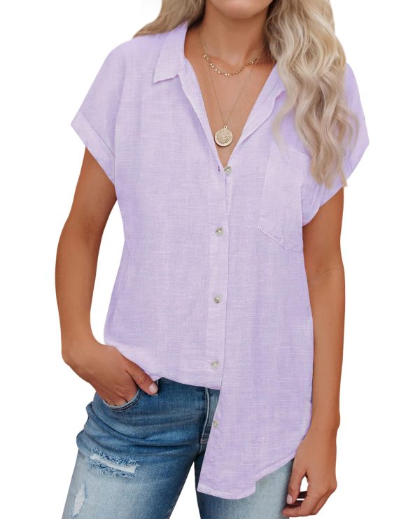 Linen Shirts for Women Button Down Shirts Short Sleeve Cotton Collared V Neck Solid Casual Blouses with Pocket