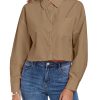 Women's Button Down Shirt Cropped Oversize Boyfriend Long Sleeve Collared Crop Loose Blouses with Pocket