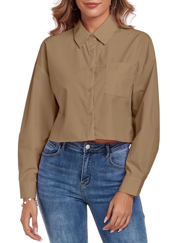 71ri6DfBVJL.jpg Women's Button Down Shirt Cropped Oversize Boyfriend Long Sleeve Collared Crop Loose Blouses with Pocket