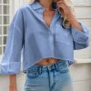 Women Cropped Button Down Shirts Long Sleeve Blouses Casual Work Crop Tops with Chest Pocket