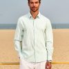 Mens Long Sleeve Button Down Shirt Striped Casual Cotton Business Summer Beach Wedding Dress Shirts