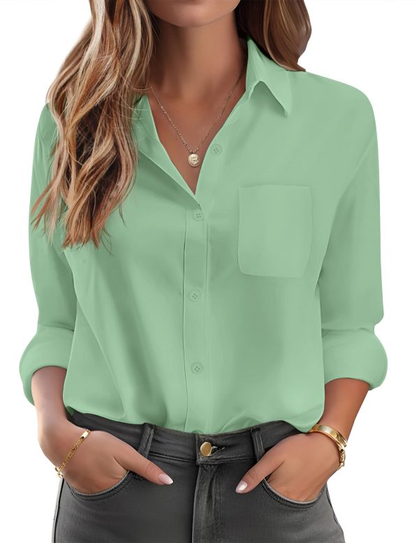 71spDCI0V3L.jpg Womens Button Down Shirt Basic Work Office Drop Shoulder Blouse Casual Loose Long Sleeve Tops with Pocket