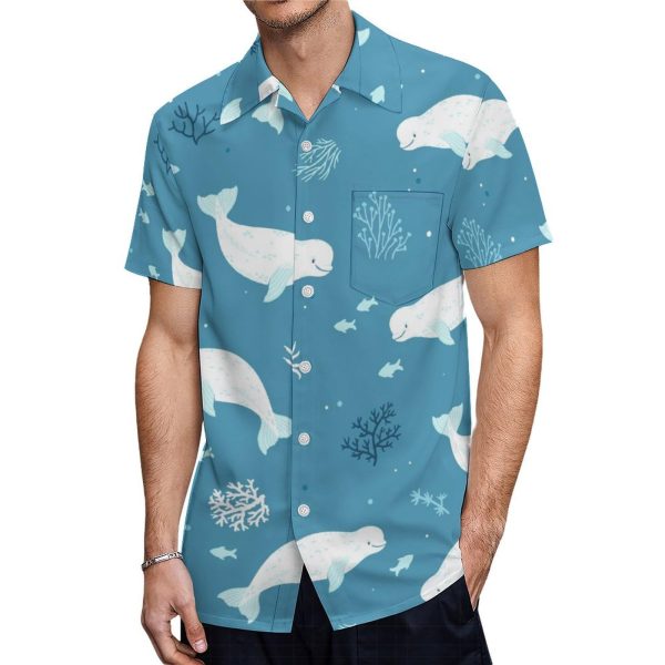 Fantastic Beluga Whale Button Down Shirt Men Short Sleeve T Shirts Casual Tee Summer Top