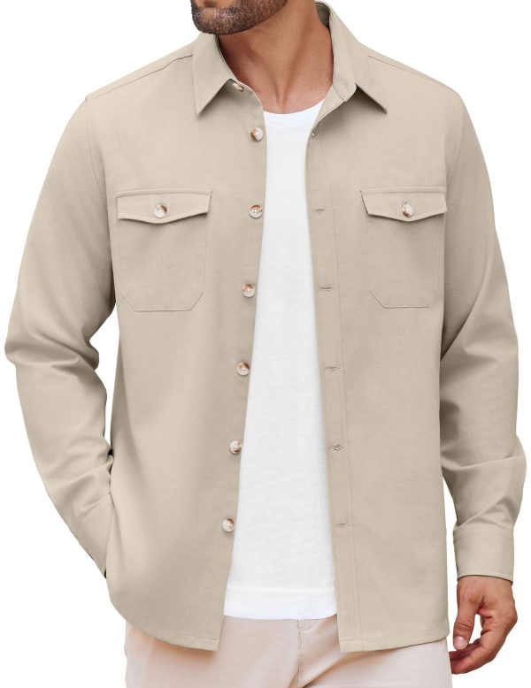 Men's Casual Shirt Jacket Linen Button Down Shirt Long Sleeve Lightweight Shacket with Pockets