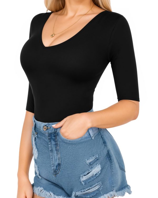 71u8cNIUEQL.jpg Half Sleeve Bodysuit V Neck Bodysuit Shirts for Women