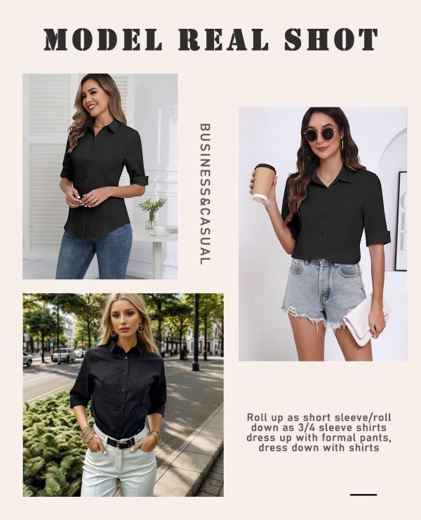Womens Button Down Shirts 3/4 Sleeve Dress Blouses Business Casual Collared Oxford Tops