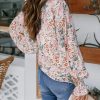 Women's Casual Boho Floral Print V Neck Long Sleeve Drawstring Tops Loose Blouses Button Down Shirts