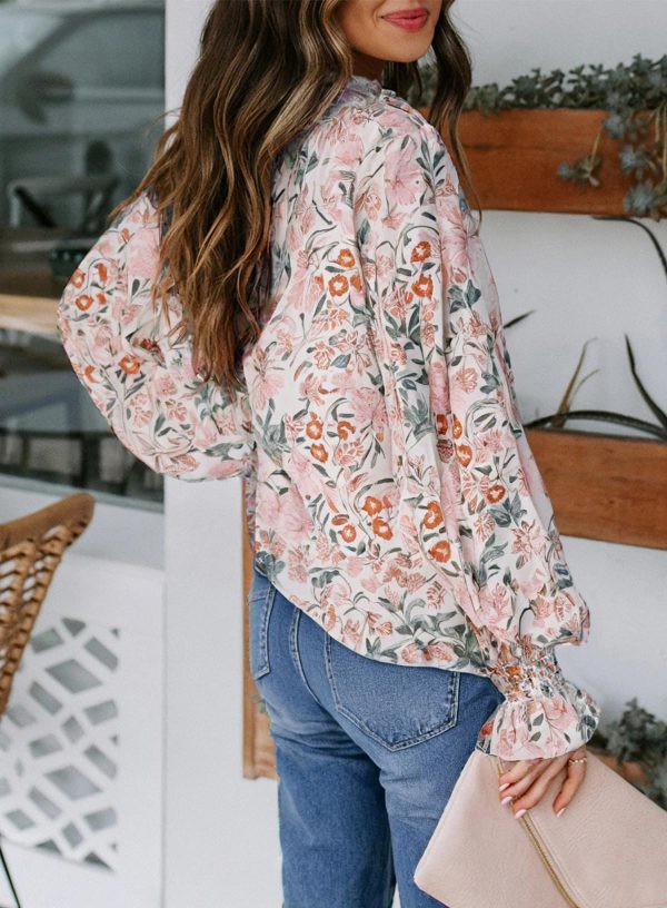 71vDcC-vc9L.jpg Women's Casual Boho Floral Print V Neck Long Sleeve Drawstring Tops Loose Blouses Button Down Shirts
