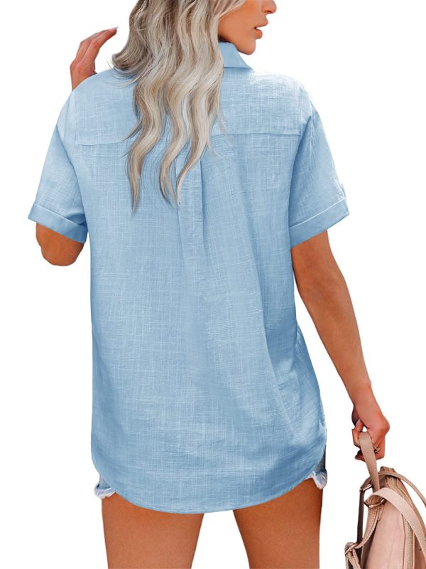Button Down Shirt Women Cotton Short Sleeve Blouses V Neck Collared Button Up Summer Beach Tops