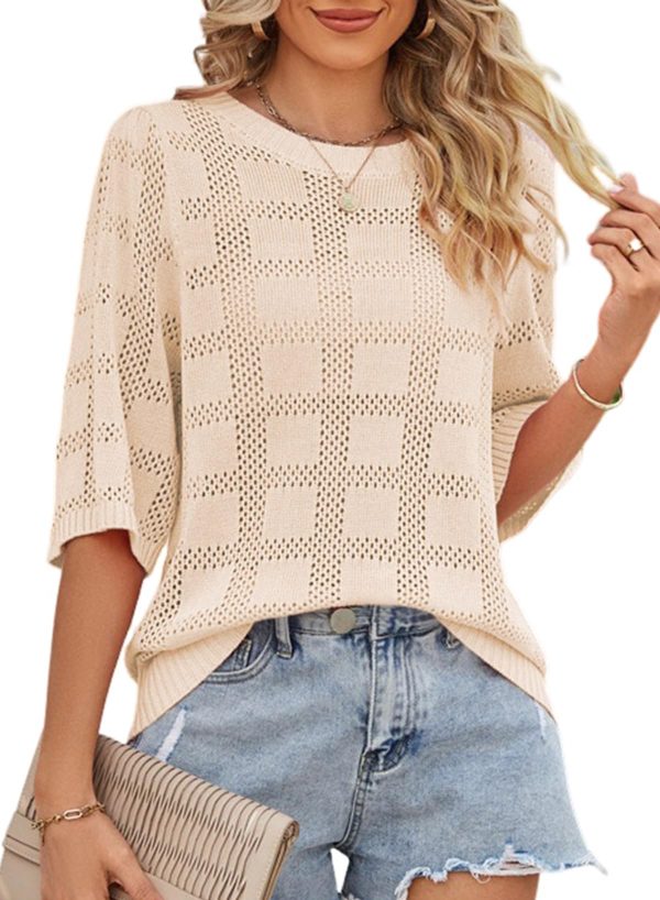 71wTOmUwHKL.jpg Women's Casual Short Sleeve Loose Tunic Tops Lightweight Crochet Knit Summer Sweaters Blouses