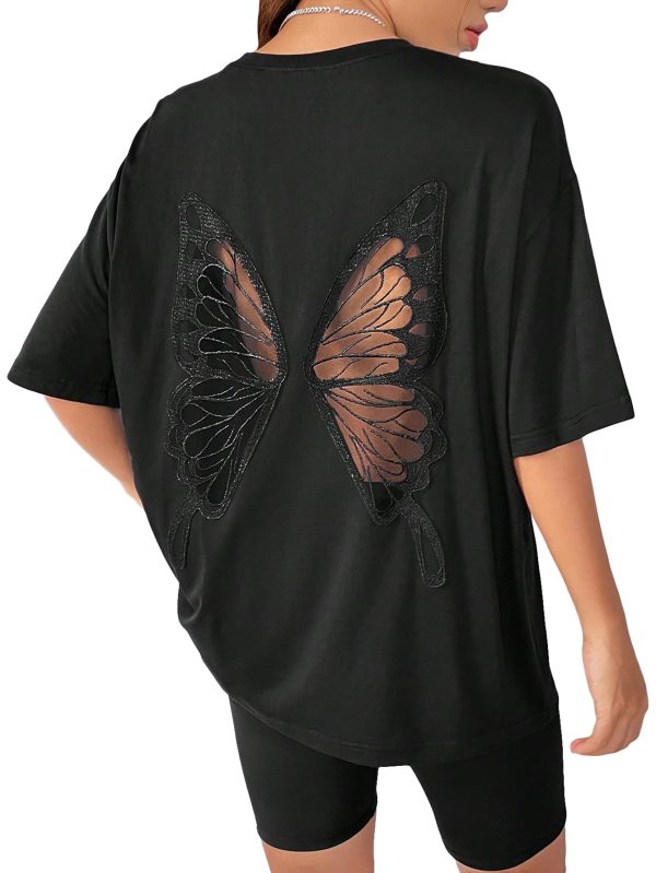71wkDpeV-rL.jpg Women's Oversized Butterfly Back Cut Out Tee Tops Y2k Half Sleeve Crew Neck T Shirt