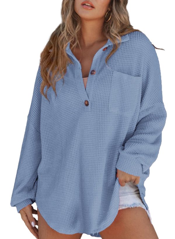 71x34qxqB5L.jpg Women Waffle Knit Tops Henley Shirts Long Sleeve V Neck Solid Color Casual Tunic
