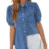 Womens Denim Shirt Business Casual Button Down Work Blouses Puff Sleeve Summer Tops