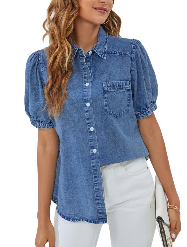 Womens Denim Shirt Business Casual Button Down Work Blouses Puff Sleeve Summer Tops