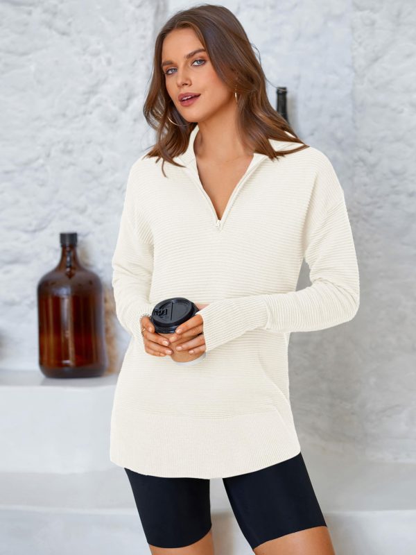 71y8CxfjgrL.jpg Womens Long Sleeve Quarter Zip Pullover Sweater Casual Loose V Neck Collared Ribbed Knit Jumper Tops Thumb Hole