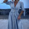 Tie Knot Half Sleeve Denim Dress Womens Deep V Neck A-Line Beach Dress 2024 Summer Button Down High Waist Jean Dress