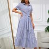 Womens Casual Short Sleeve Button Down Tie Waist Ruffled Striped Maxi Shirt Dress