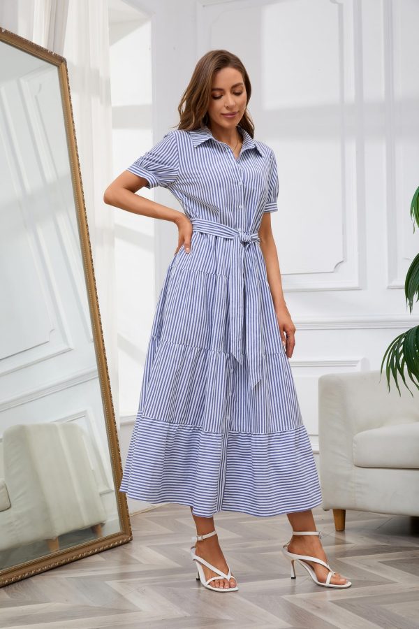 Womens Casual Short Sleeve Button Down Tie Waist Ruffled Striped Maxi Shirt Dress