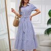 Womens Casual Short Sleeve Button Down Tie Waist Ruffled Striped Maxi Shirt Dress