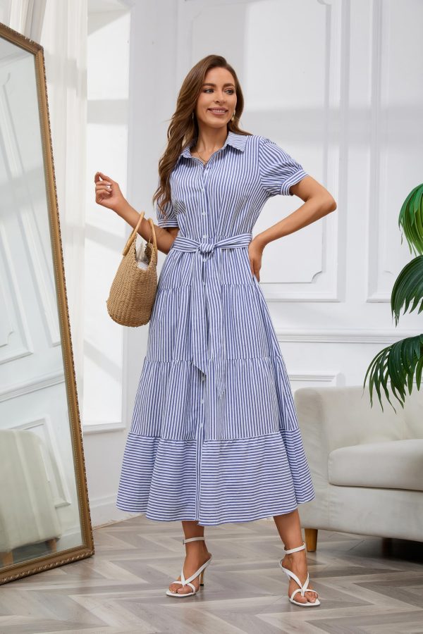 Womens Casual Short Sleeve Button Down Tie Waist Ruffled Striped Maxi Shirt Dress