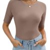 3 Pack Women's Half Sleeve Cotton Ribbed Shirts, Slim Fit Crew Neck Tops Basic Layer Solid Color Summer Work Tees