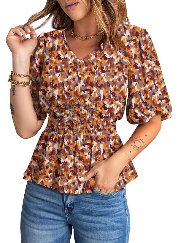 Womens Floral Print Ruffle Half Sleeve Blouses V Neck Decorative Buttons Elastic Waist Casual Summer Tops