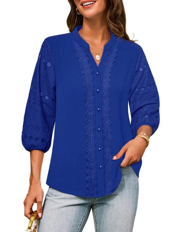 813KTY8JcfL.jpg Women's Dressy Casual Tops 3/4 Sleeve Business Work Blouses Hollow Out Embroidery Button Down Shirts