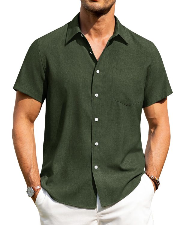 Mens Linen Shirts Short Sleeve Button Down Shirts Wrinkle Free Casual Vacation Beach Summer Tops