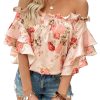 Women's Floral Print Blouse Off Shoulder Ruffle Trim Half Sleeve Summer Tops