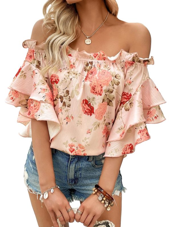Women's Floral Print Blouse Off Shoulder Ruffle Trim Half Sleeve Summer Tops