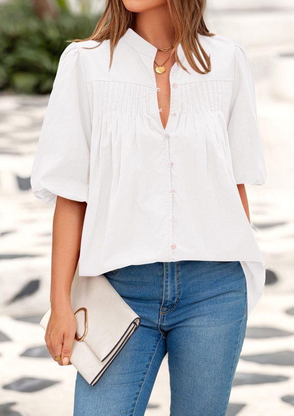 816LJsLCVjL.jpg Women's 2025 Summer Short Lantern Sleeve Tops Loose Fit Button Down Shirt Casual Pleated V Neck Blouses