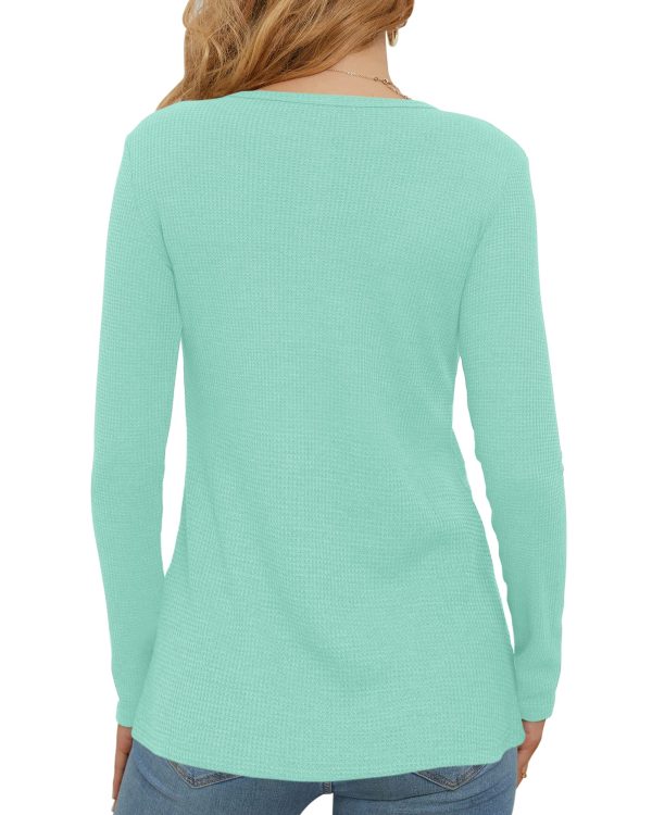 816iVrtEVL.jpg Women's Waffle Knit Tops Casual Long Sleeve Blouses Slim Fit Button Down V Neck Henley Shirt