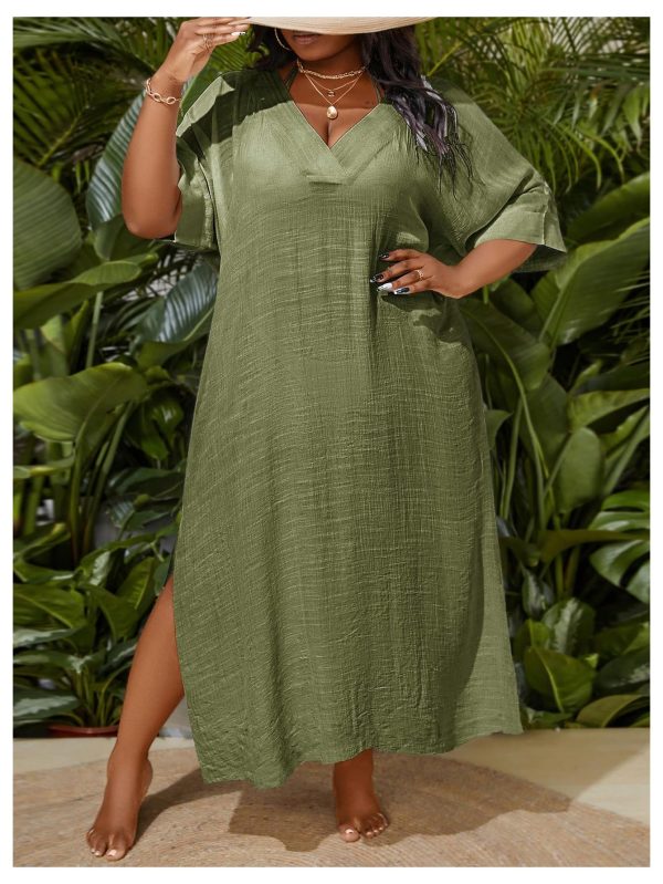 Women's Plus Size Swimwear V Neck Half Sleeve Split Side Cover Up Beach Dress